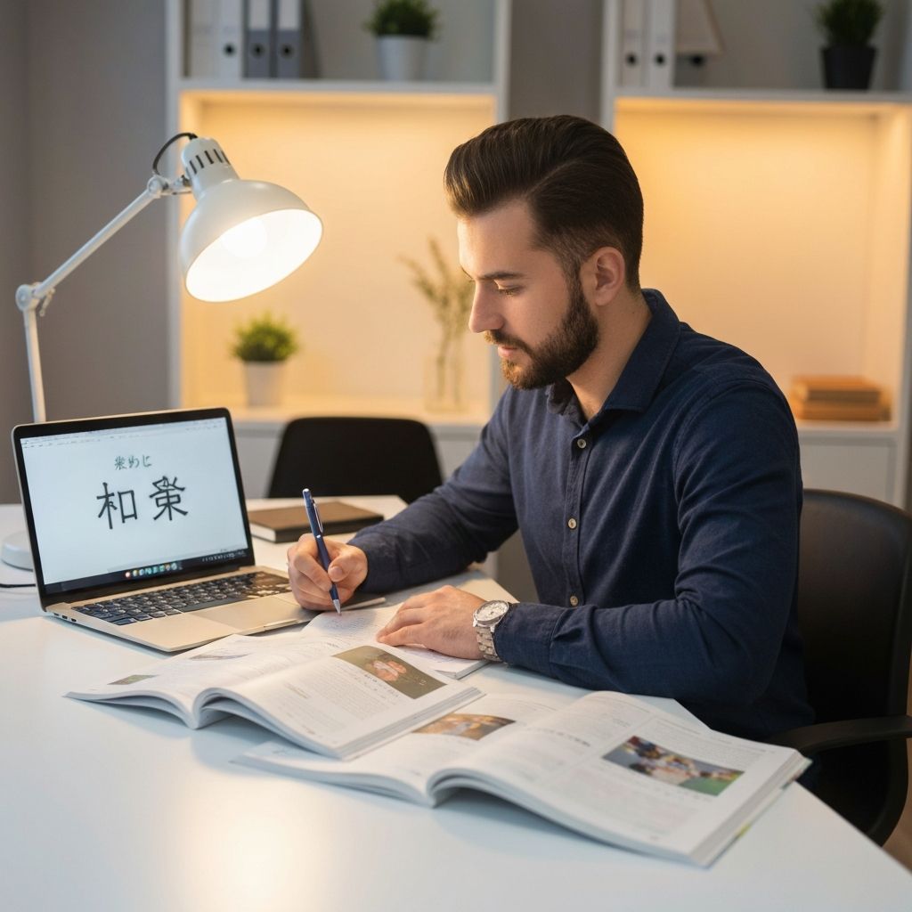 Student learning Japanese language with digital tools and textbooks